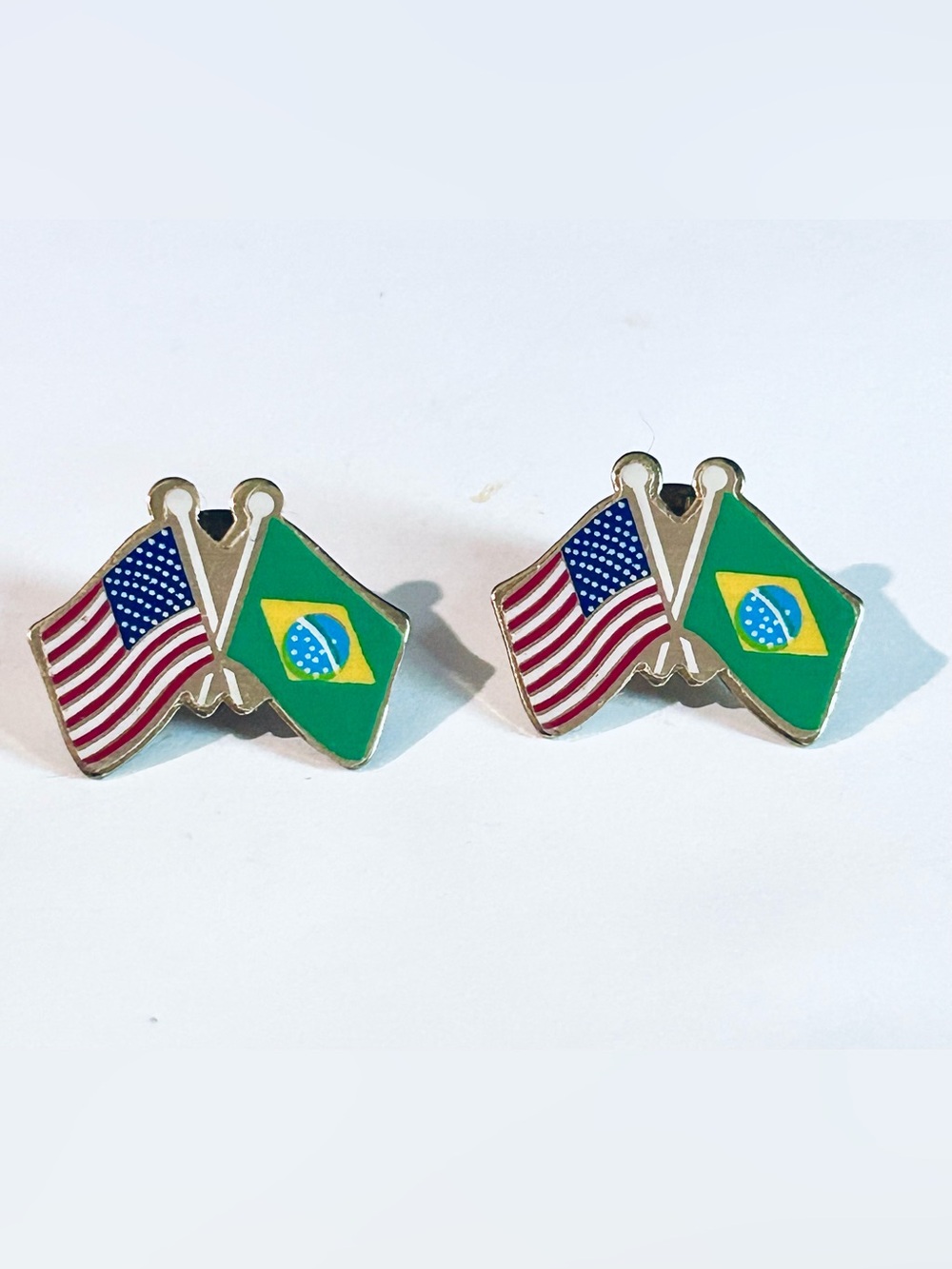 USA & Brazil Crossed Friendship Flag Enamel Pin Pair - Green, Blue, Yellow